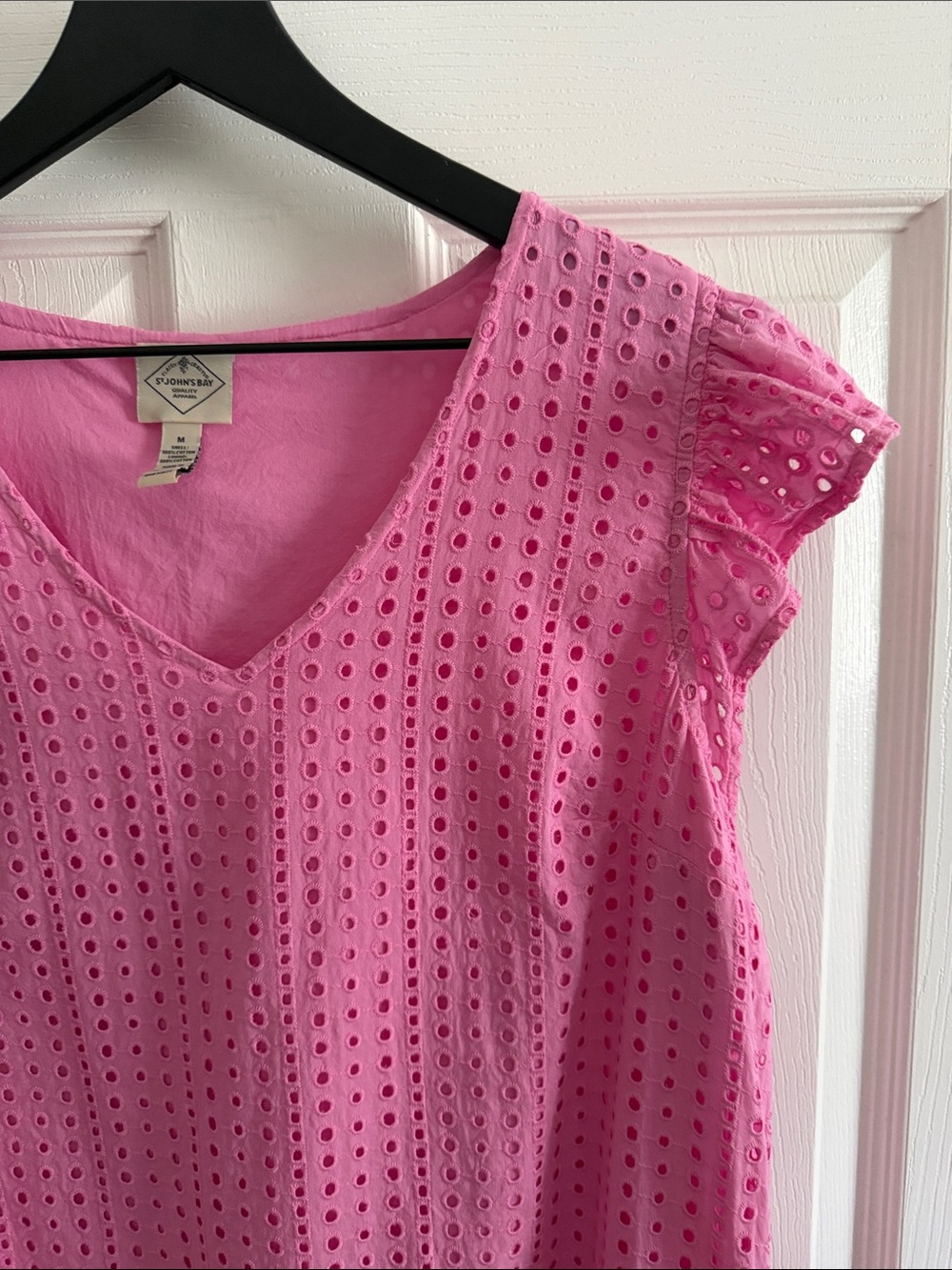 St. John's Bay Pink Eyelet V-Neck Ruffle Sleeve Mini Dress - Picture 6 of 16